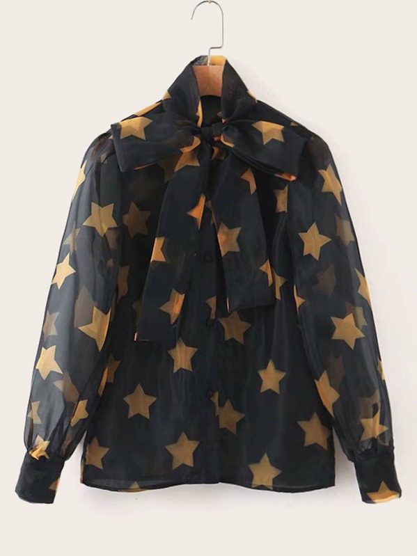 

Tie Neck Star Print Sheer Blouse, Black