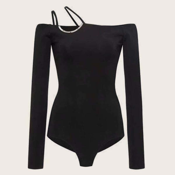 

Asymmetric Neck Solid Fitted Bodysuit, Black