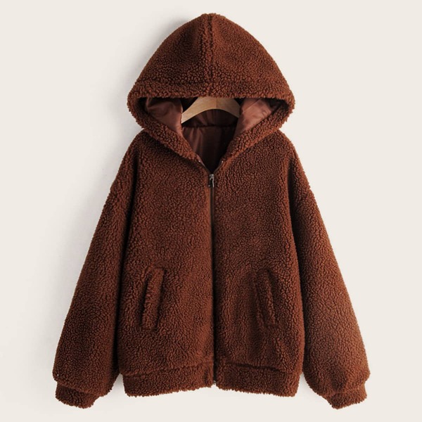 

Zip Up Hooded Teddy Jacket, Brown