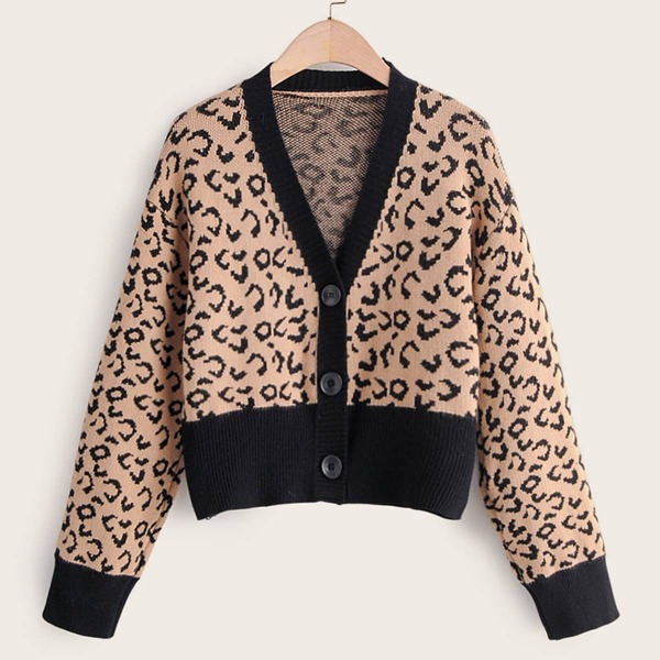 

Leopard Print Contrast Binding Cardigan, Khaki