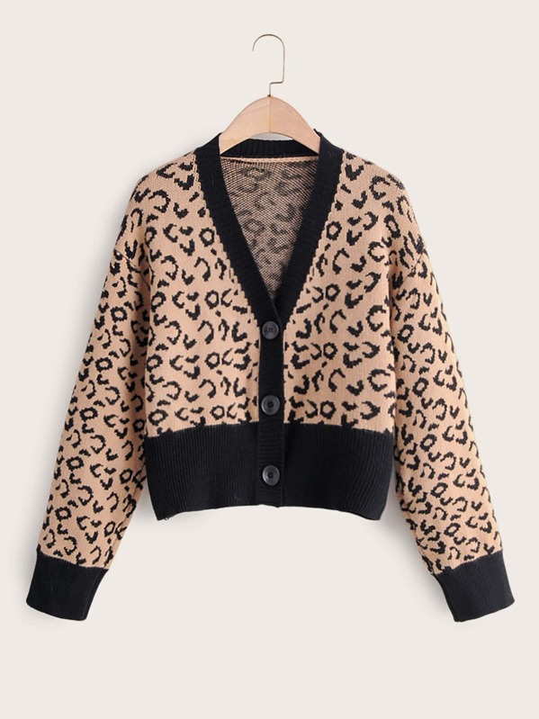 

Leopard Print Contrast Binding Cardigan, Khaki
