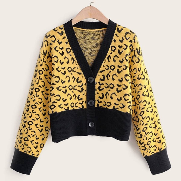 

Leopard Print Contrast Binding Cardigan, Yellow