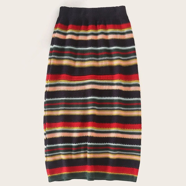 

Multi-stripe Midi Sweater Skirt, Multicolor