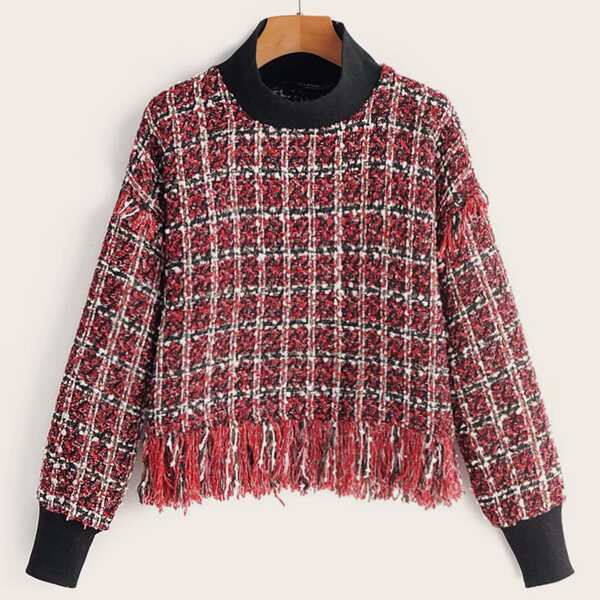 

Fringe Hem Plaid Tweed Sweatshirt, Red