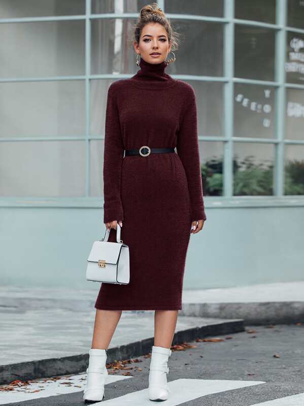 

High Neck Solid Sweater Dress Without Belt, Burgundy