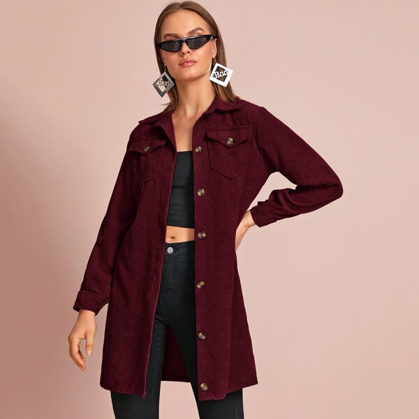 

Solid Button Through Corduroy Coat, Burgundy