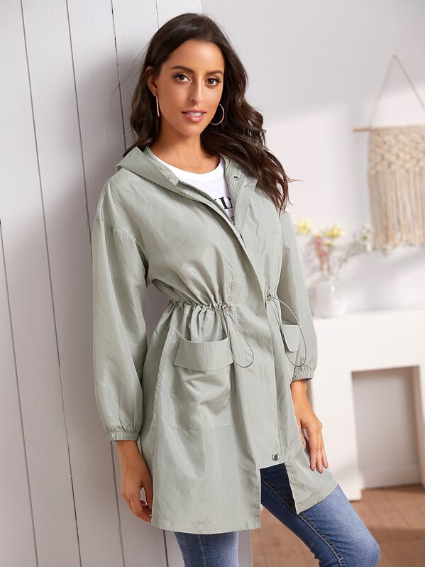 

Drawstring Waist Hooded Dual Pocket Coat, Grey, Mary P.