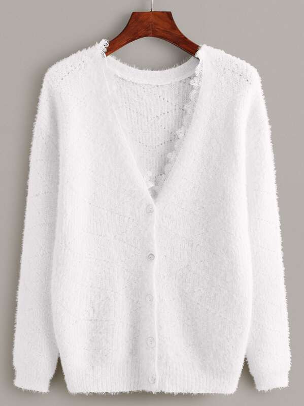 

Contrast Lace Button Front Solid Mohair Cardigan, White
