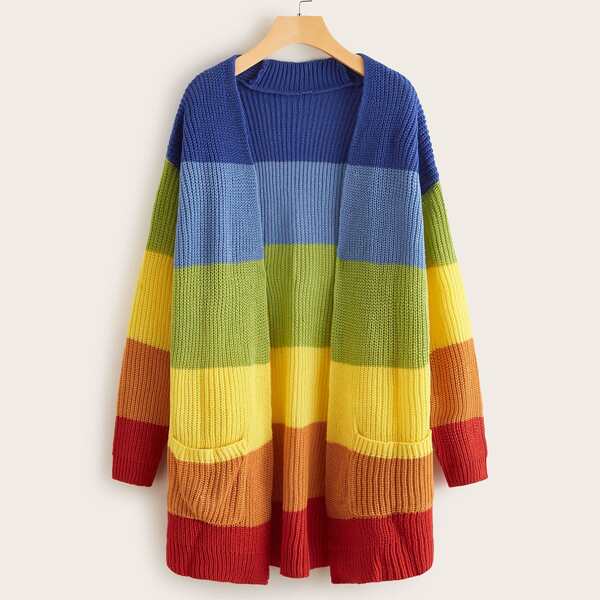 

Color-Block Striped Dual Pocket Longline Cardigan, Multicolor