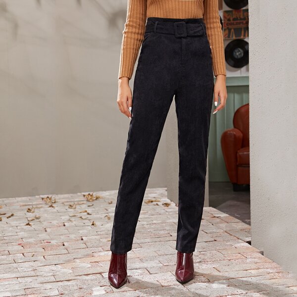 

Solid Belted Straight Leg Corduroy Pants, Black