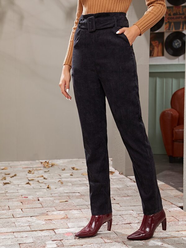 

Solid Belted Straight Leg Corduroy Pants, Black, Nathane