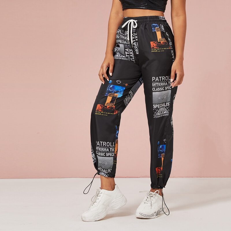 

Space & Letter Graphic Elastic Waist Windbreaker Joggers, Black