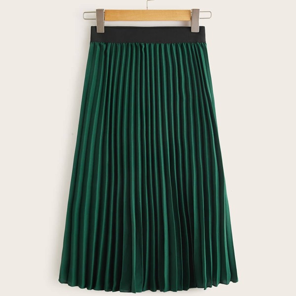 

Elastic Waist Pleated Midi Skirt, Dark green