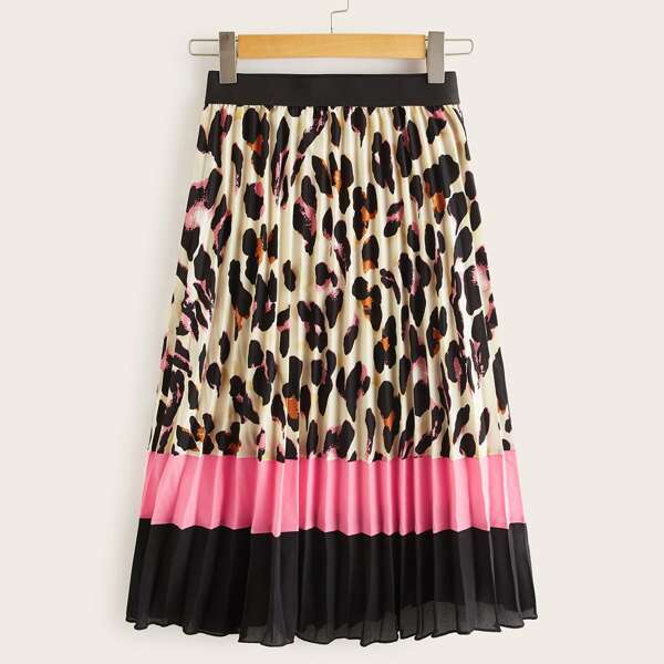 

Leopard Print Color-Block Pleated Skirt, Multicolor