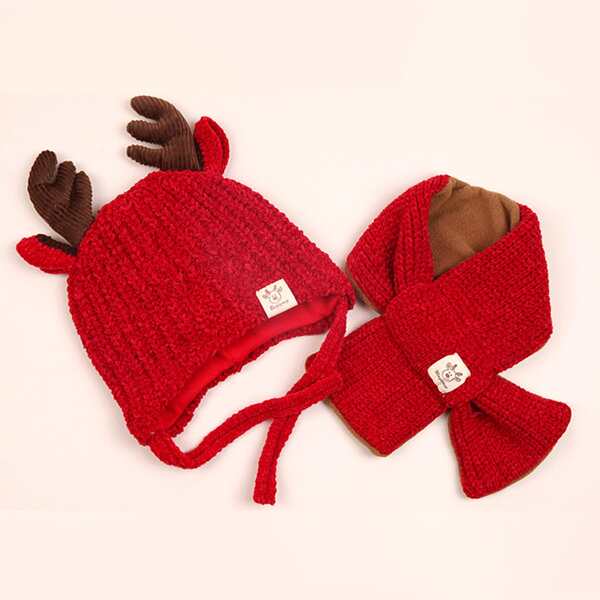 

2pcs Baby Antlers Decor Knit Beanie With Ring Scarf, Red