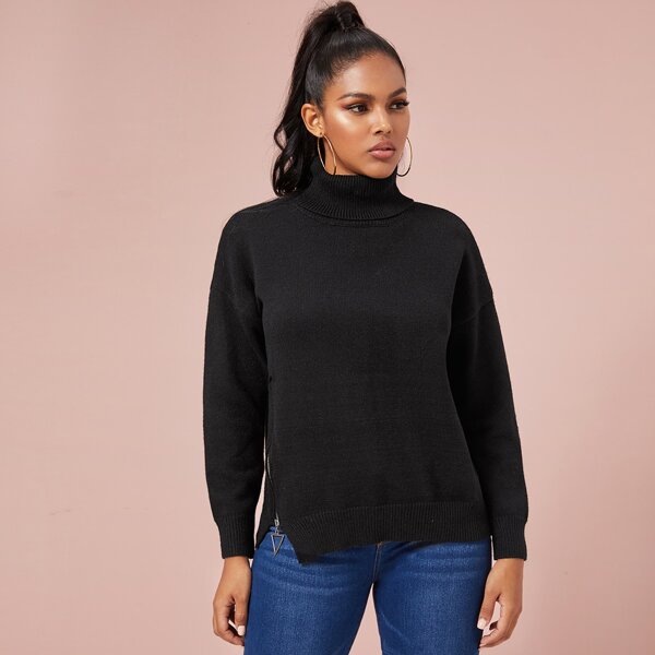 

Turtleneck Side Zipper Solid Sweater, Black
