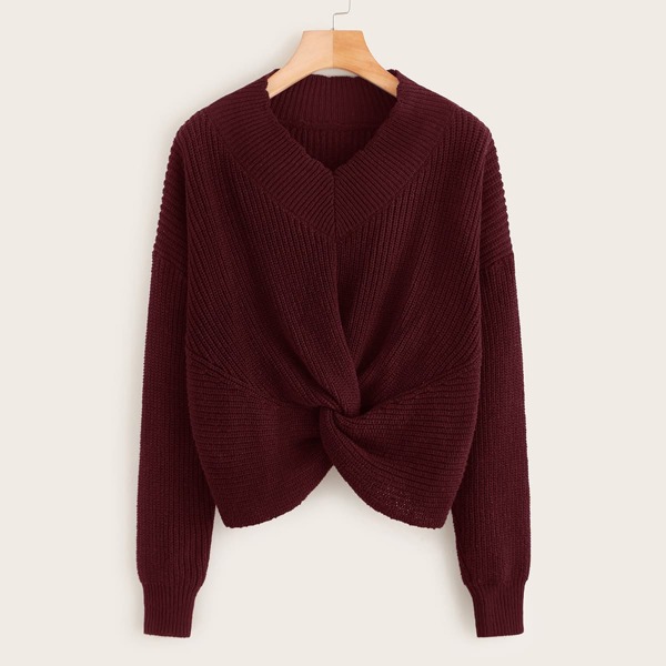 

Solid Ribbed Knit Twist Front Sweater, Burgundy