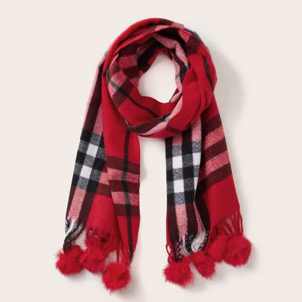 

Kids Plaid Pattern Pom Pom Decor Scarf, Red