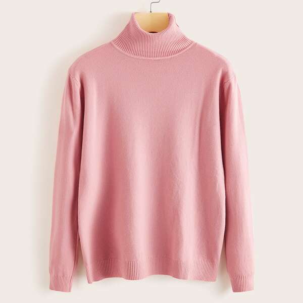 

Solid Turtleneck Long Sleeve Sweater, Pink