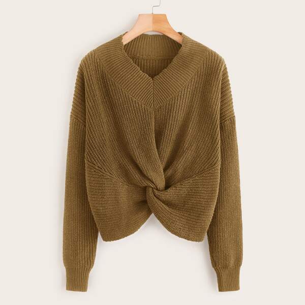 

Solid Ribbed Knit Twist Front Sweater, Brown