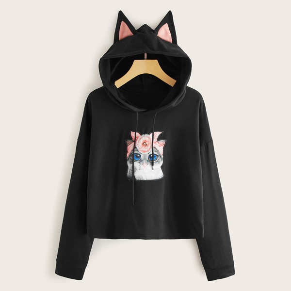

Cartoon Print Drawstring 3D Cat Ears Design Hoodie, Black