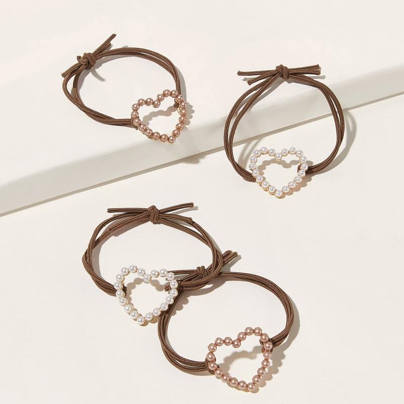 

4pcs Faux Pearl Beaded Heart Decor Hair Tie, Multicolor