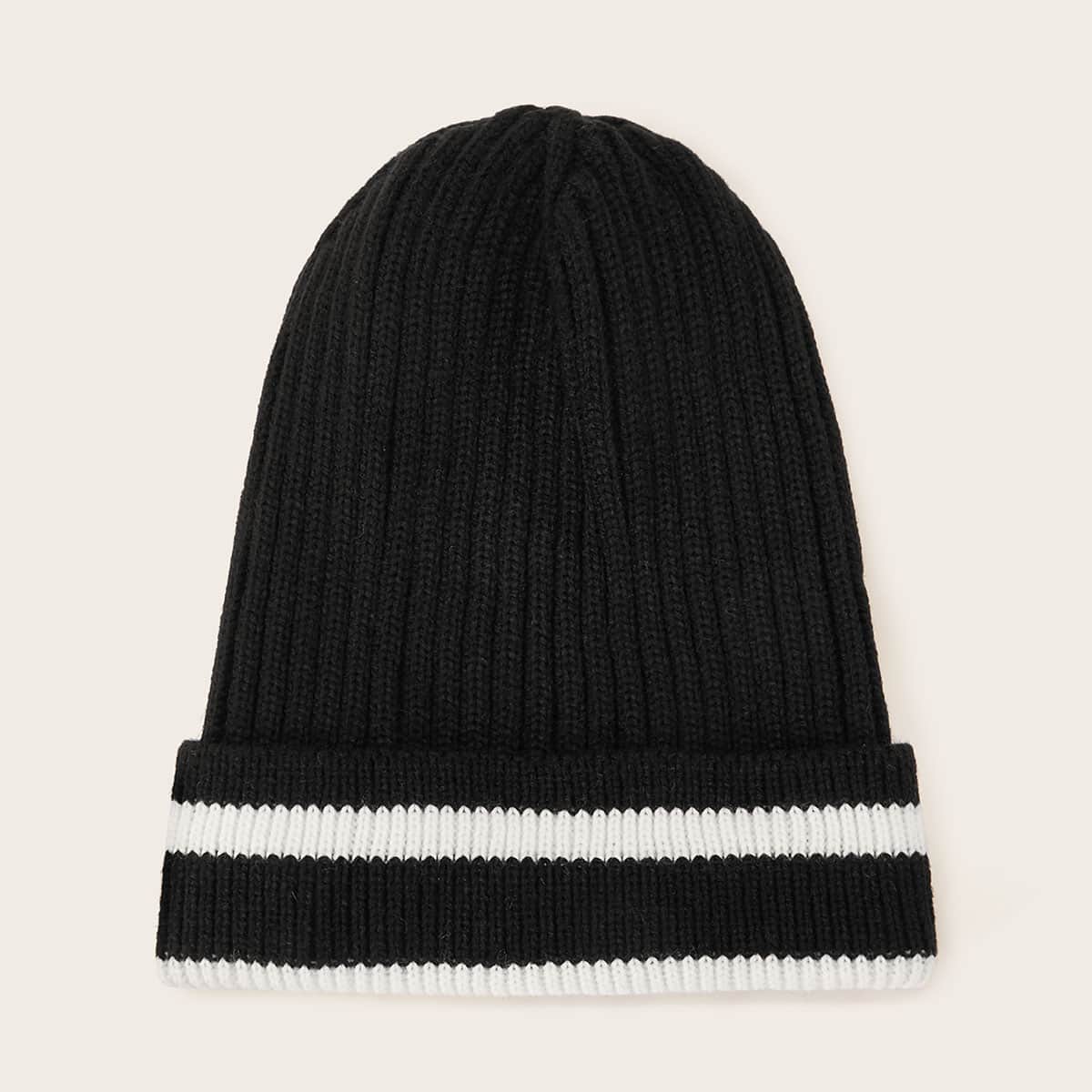 

Striped Pattern Cuffed Beanie, Black