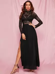 SHEIN Privé Zip Back Split Thigh Sheer Lace Dress Without Bra,Tea Party Dress,Summer Dresses For Women - Black - View 5