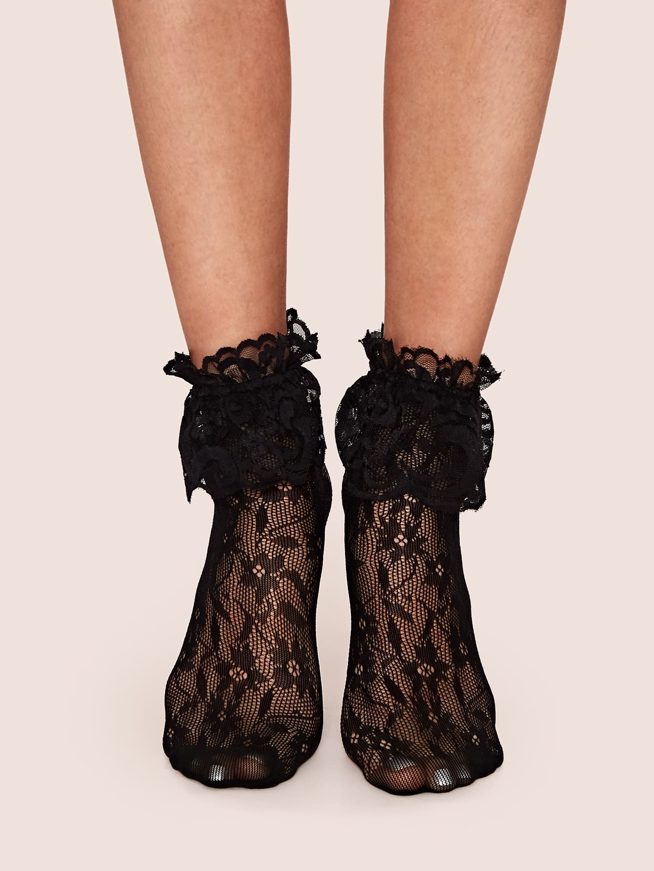 1pair Flower Pattern Ruffle Hem Mesh Socks