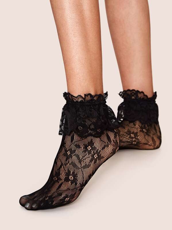 

1pair Flower Pattern Ruffle Hem Mesh Socks, Black