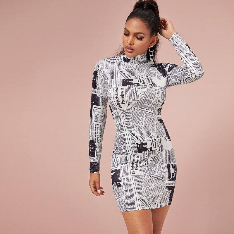 

Newspaper Print Mock Neck Bodycon Dress, Black and white