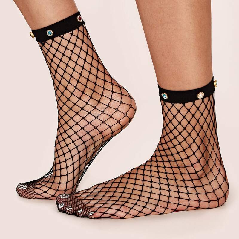 

1pair Rhinestone Decor Fishnet Socks, Black
