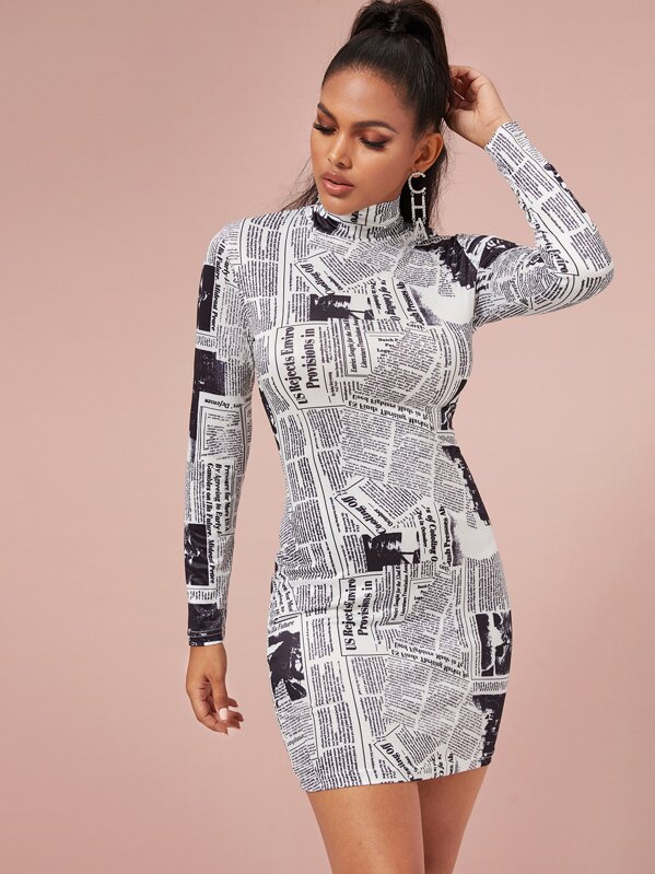 

Newspaper Print High Neck Slim Dress, Black and white, Tina