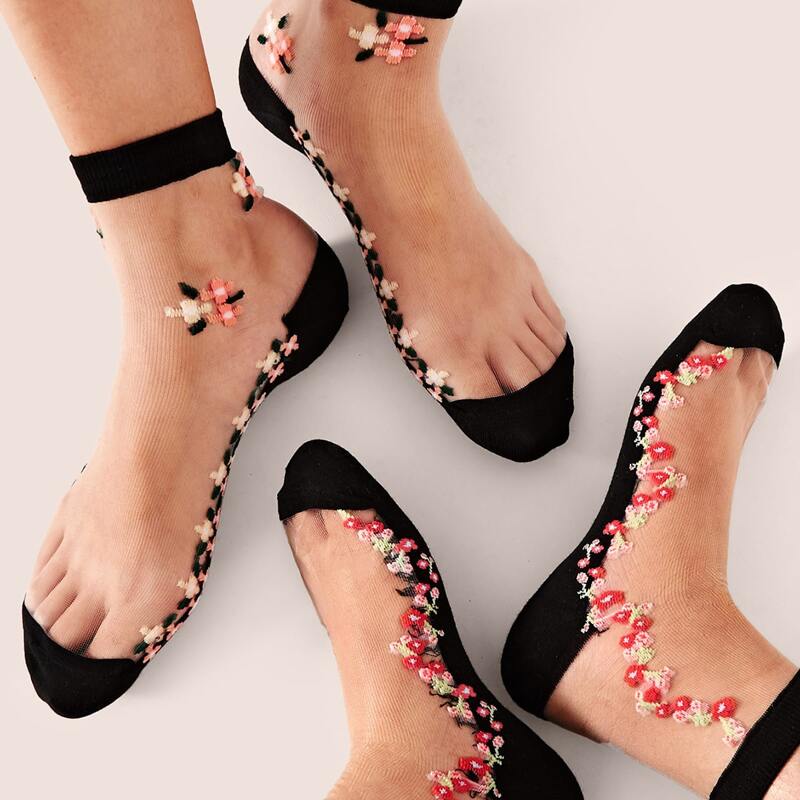 

2pairs Flower Pattern Mesh Socks, Multicolor