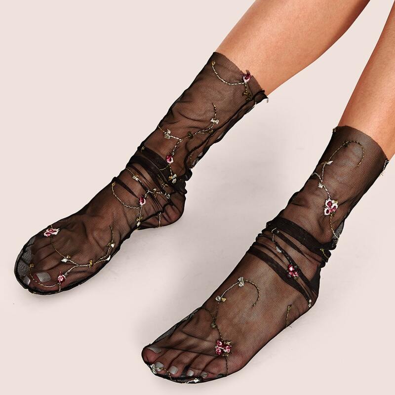 

1pair Rhinestone Decor Mesh Socks, Black