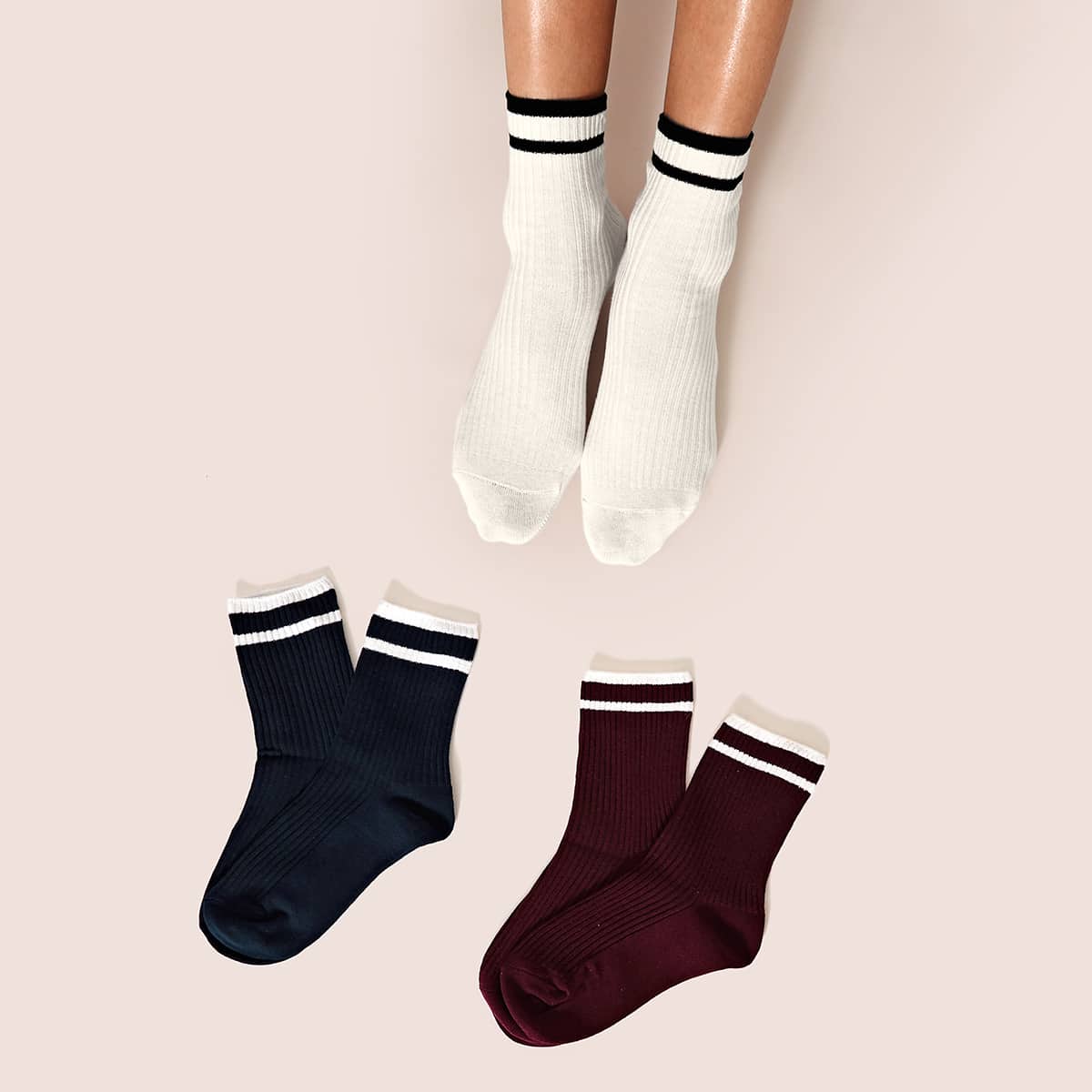

3pairs Striped Pattern Socks, Black and white