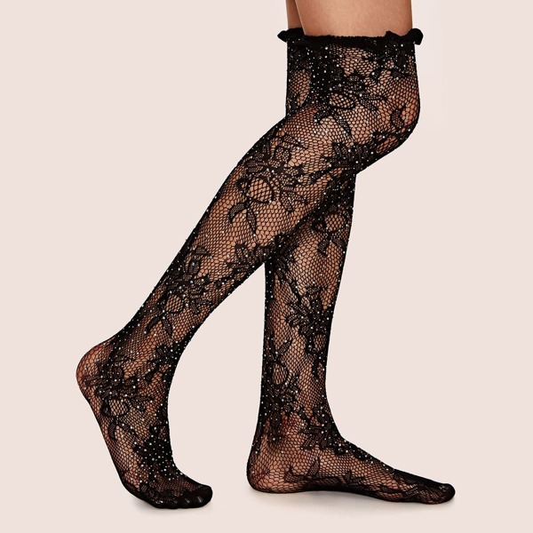 

1pair Flower Pattern Fishnet Knee Length Socks, Black