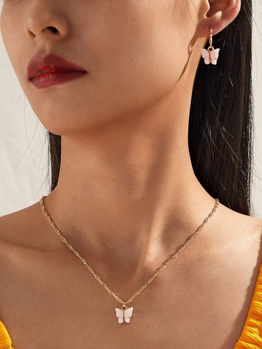 3pcs Butterfly Pendant Necklace & Earrings Set - Pink - View 1