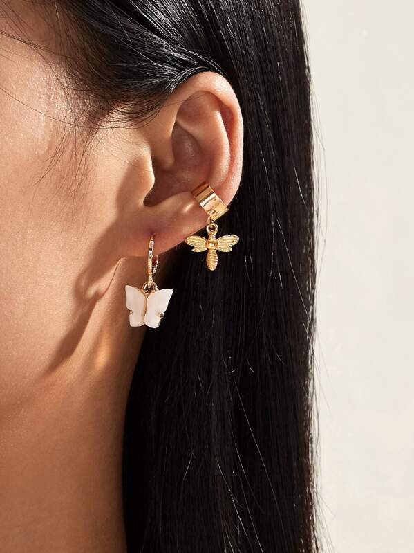 

2pairs Bee & Butterfly Charm Earrings, Multicolor