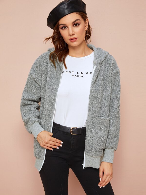 

Pocket Front Zip Up Teddy Jacket, Grey, Vlada