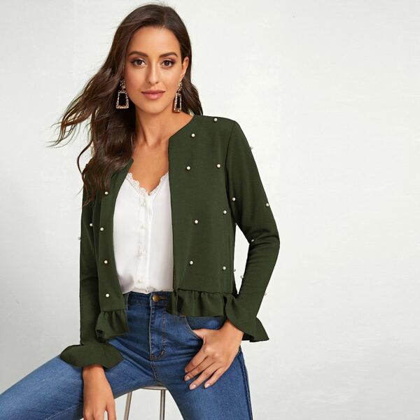 

Pearl Beaded Ruffle Hem Jacket, Army green