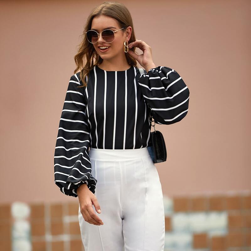 

Striped Bishop Sleeve Blouse, Black