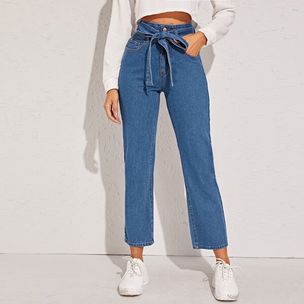 

Belted Straight Leg Jeans, Blue
