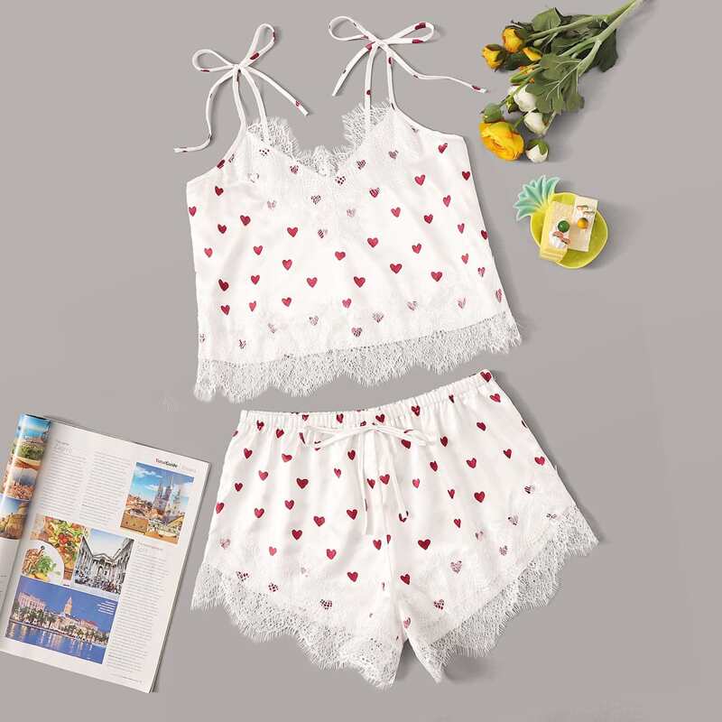 

Heart Print Lace Trim Satin Cami Top With Shorts, White