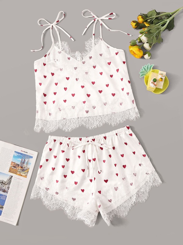 

Heart Print Lace Trim Satin Cami Top With Shorts, White, Giulia