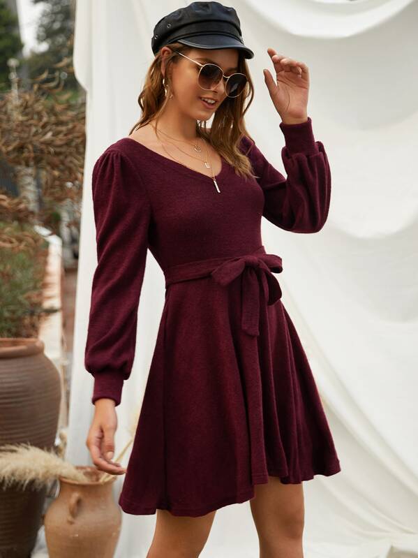 

V Neck Self Tie A-line Dress, Burgundy, Luiza