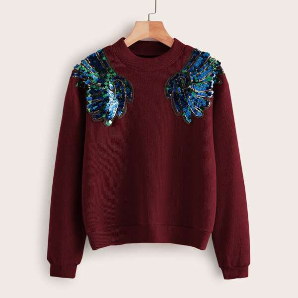

Contrast Sequin Drop Shoulder Sweater, Burgundy