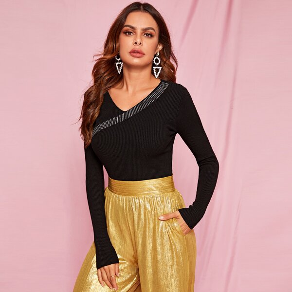 

Rib-Knit Rhinestone Detail Slim Sweater, Black
