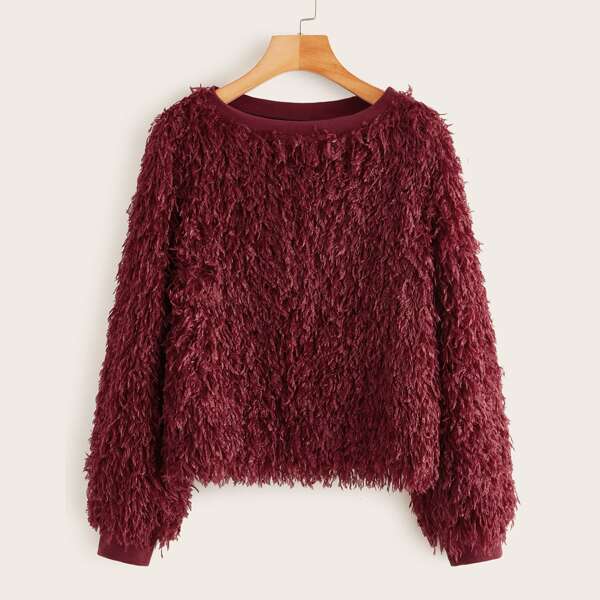 

Lantern Sleeve Fuzzy Pullover, Burgundy