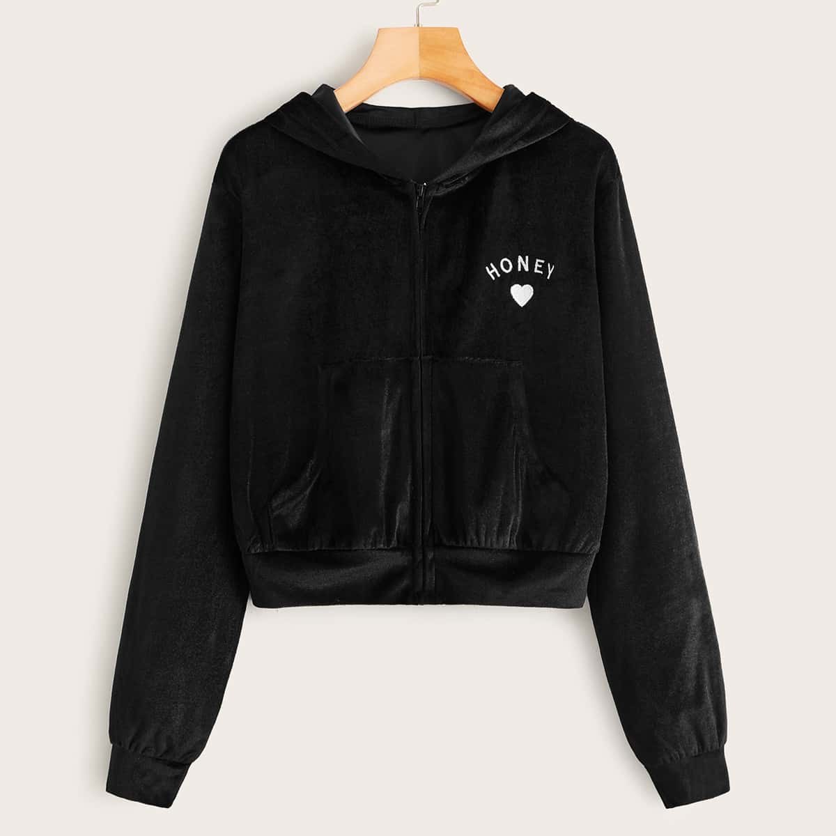 

Letter & Heart Embroidery Hooded Velvet Jacket, Black